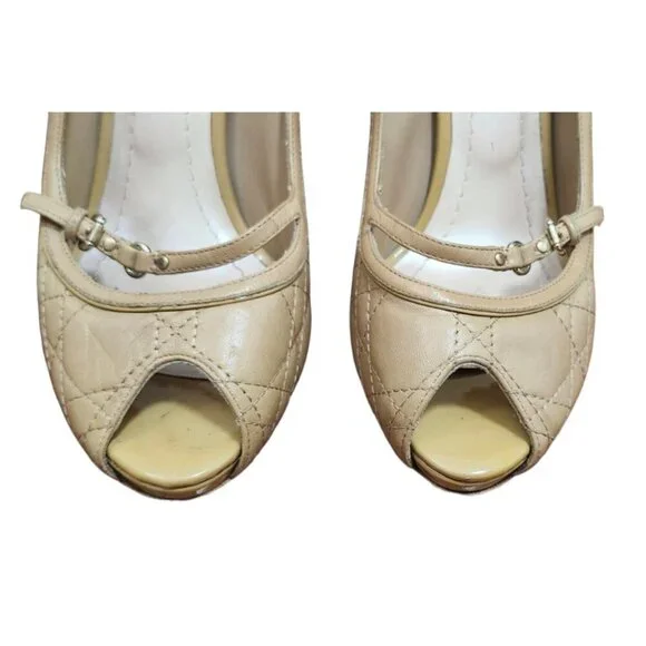 Christian Dior Beige Quilted Leather Mary Jane Peep Toe Heels Pumps EU 37 - Picture 4 of 16